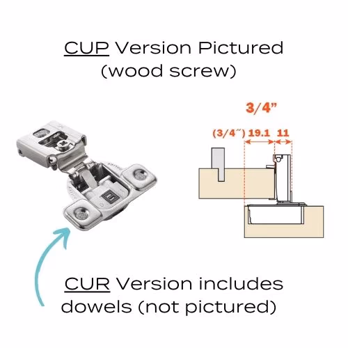 CUR34D9 - Hinge - 106 Degree - 3/4 Inch Overlay - Soft Close - Dowels - Face Frame - 2 Cam - Nickel Finish - Salice